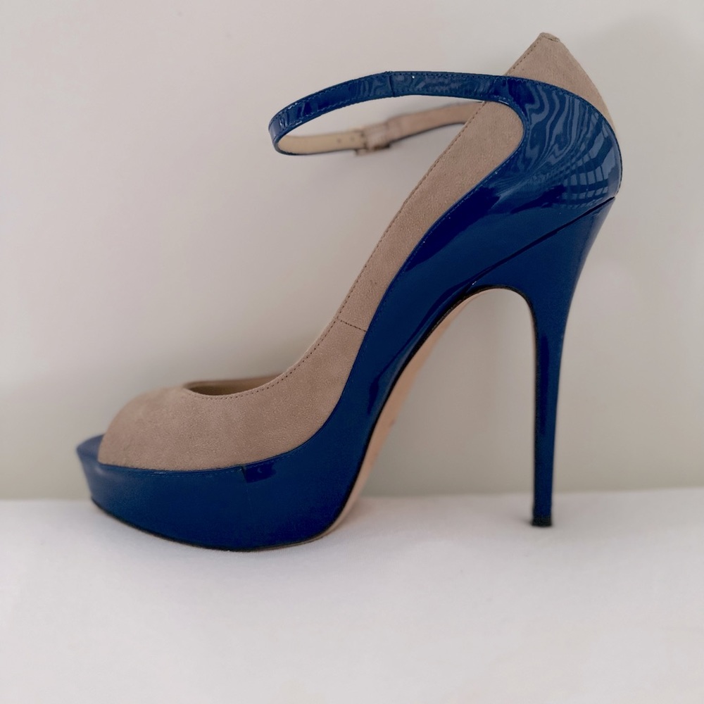 Jimmy Choo cobalt patent and beige suede platform size 38
